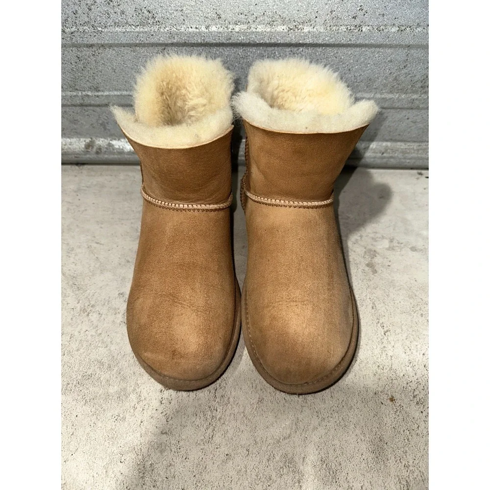 UGG Bailey Zip Mini Boot Women's Size 6 Chestnut Leather Warm Winter Fur‎ Lined
